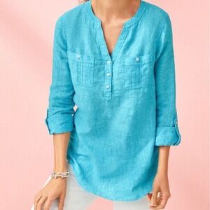 Talbots 100% Linen Pintuck Popover Blouse W/Roll Tab Cuffs Cross Dye Aqua,Medium
